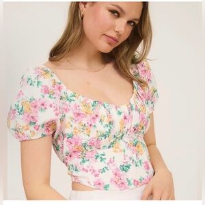 NWT Blu Pepper Floral Puff-Sleeve Crop Top with Tie Cottagecore Charming Size S